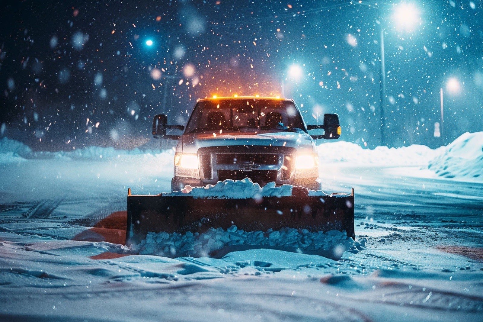 Plow truck clearing a snowy lot at night