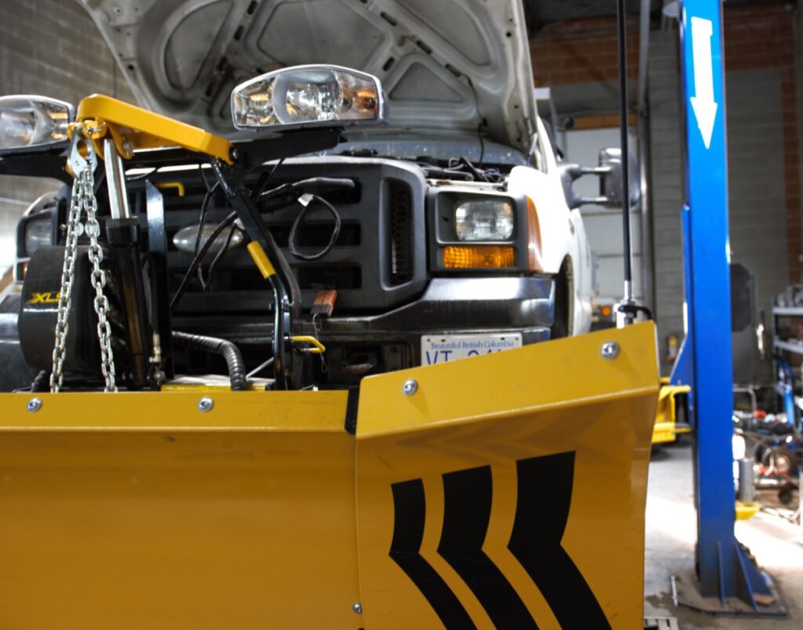 Plow truck in the shop for maintenance